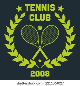 Impresión de club deportivo de tenis con raqueta e ilustración de bola para camiseta gráfica