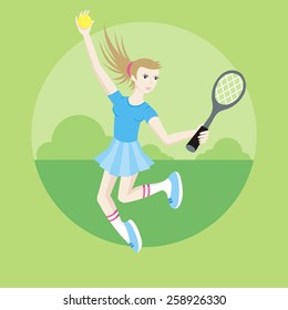 Tennis sport concept with item icons. Portrait of sporty girl tennis player with racket in flat design cartoon style