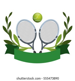 Tennis sport emblem with rackets and ball icon over white background. colorful design. vector illustration
