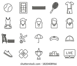 Tennis Sport & Equipment Icons Black & White Thin Line Set Big