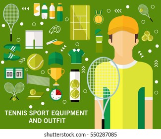 tennis sport equipment and outfit concept background. Flat icons.