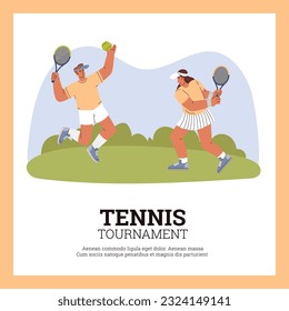 Tennis sport game advertising banner or poster design with players characters, flat cartoon vector illustration. Lawn or squash tennis promotion poster template.