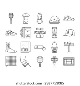 Tennis Sport Game Competition Icons Set Vector. Women And Men Tennis Apparel Clothes, Racquet And Ball Accessories, Court Playground And Net, Headband And Socks Black Contour Illustrations