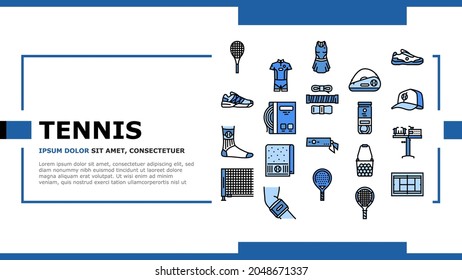 Tennis Sport Game Competition Landing Web Page Header Banner Template Vector. Women And Men Tennis Apparel Clothes, Racquet And Ball Accessories, Court Playground And Net, Headband Socks Illustration
