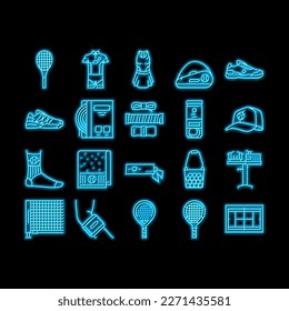 Tennis Sport Game Competition neon light sign vector. Women And Men Tennis Apparel Clothes, Racquet And Ball Accessories, Court Playground And Net, Headband And Socks Illustrations