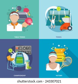 Tennis sport game flat icons set with table championship victory isolated vector illustration