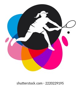 Tennissportgrafik mit bunten Designelementen.