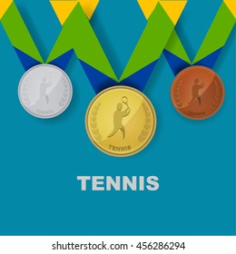 Tennis sport icon on medal award set with Brazilian color theme designed of ribbon in vector illustration 