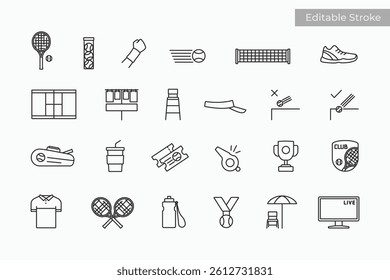 Tennis sport linear icons set. Editable stroke line tennis symbol logo icon collection