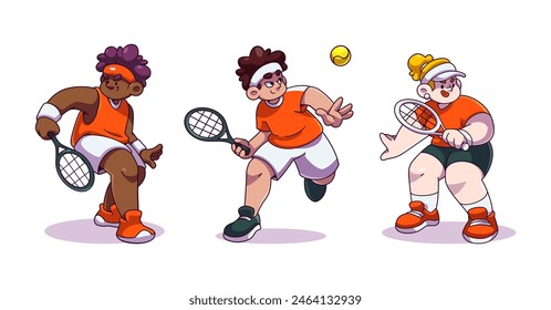 Tennis sport player character court illustration. Man and girl athlete play and hit ball with racket. Professional match or competition with training uniform. Student footwork game posture design