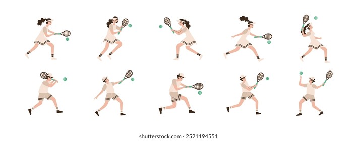 Tennis Sport Player flat illustration set. Include of player, game, racket, competition, tennis ball, and more. Vector illustration isolated.