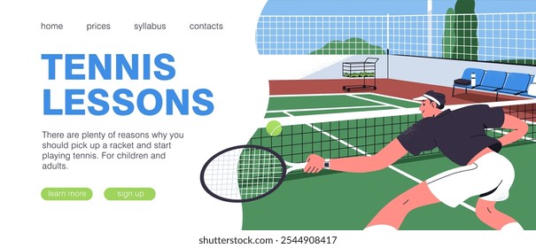 Tennis, sport school website, landing page layout. Web site, internet webpage design, template for court game lesson, training class, workout with player at tournament. Flat vector illustration.