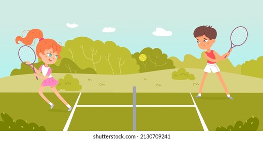 Tennis sport summer camp, academy or course vector illustration. Cartoon active junior girl and boy training with rackets, cute happy children playing on court. Outdoor physical activity concept