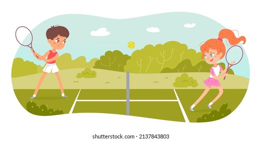 Tennis sport summer camp, academy or course vector illustration. Cartoon active junior girl and boy training with rackets, cute happy children playing on court. Outdoor physical activity concept