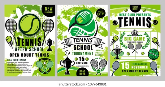 Tennis Sport Vector Green Halftone Posters. Tennis School Training, Team Club Tournament Or League Big Game Championship, Victory Crown And Tennis Racket With Ball