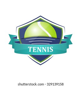 Tennis sport vector icon or label with blue ribbon and ball.