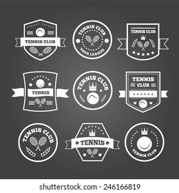 Tennis sporting vintage emblems, labels or logos designs for sport club and tournament with rackets, balls, ribbon banners,stars or shield