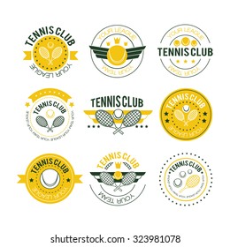 Tennis sporting vintage emblems, labels banners or logo designs for sport club and tournament with rackets, balls, ribbon banners, stars or shield. Tennis logo in a linear style vector illustration