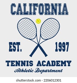 Tennis sports apparel with racket and ball. Typography emblem for t-shirt. Design for athletic clothes print