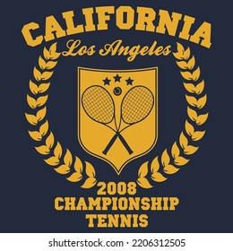 Tennis sports apparel with racket and ball. Los Angeles championship. Typography emblem for t-shirt. Design for athletic clothes print