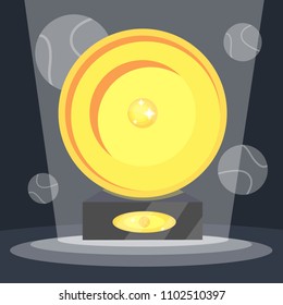 Tennis sports awards premium prize gold reward for best top first racket concept. Incident light in dark night on golden pedestal with cup. Modern flat vector illustration icons on black. Tennis cup