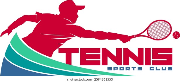 Tennis Sports Club Logo with Colorful Player Silhouette, Racket, and Ball. Modern Badge Design. Vector Hand Drawn Illustration Isolated On Transparent Background