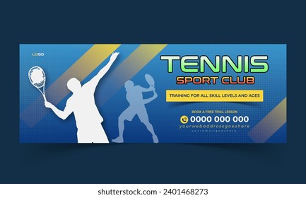 Tennis sports club timeline or social media cover, tennis lesson tournament with a player in blue gradient color poster