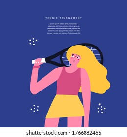 Tennis sports contest flat vector banner template. Tournament announcement, poster design idea. Young woman with racquet, female tennis player with sports equipment cartoon character