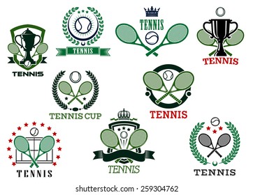 Tennis sports emblems and icons, for trophy cup, tournament or match design