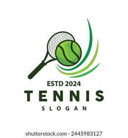 Logotipo de deportes de tenis, diseño de pelota y raqueta para torneos simples y modernos