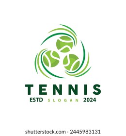 Logotipo de deportes de tenis, diseño de pelota y raqueta para torneos simples y modernos