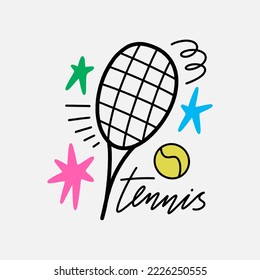 Tennis sports racquet and ball equipment flat doodle vector tools and lettering. Bright cartoon drawing isolated on color background. Editable isolated details. Baby childish groovy style Illustration