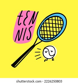 Tennis sports racquet and ball equipment flat doodle vector tools and lettering. Bright cartoon drawing isolated on color background. Editable isolated details. Baby childish groovy style Illustration