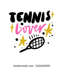 Tennis sports racquet equipment flat doodle vector tools and lettering. Girl cartoon drawing isolated on color background. Editable isolated details. Baby childish groovy style Illustration, unique