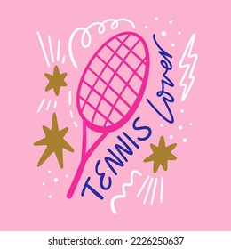 Tennis sports racquet equipment flat doodle vector tools and lettering. Teen girl cartoon pink drawing isolated on color background. Editable isolated details. Baby childish groovy style Illustration