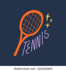 Tennis sports racquet equipment flat doodle vector tools and lettering. Girl cartoon drawing isolated on color background. Editable isolated details. Baby childish groovy style Illustration, unique