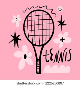 Tennis sports racquet equipment flat doodle vector tools and lettering. Girl cartoon drawing isolated on color background. Editable isolated details. Baby childish groovy style Illustration, unique