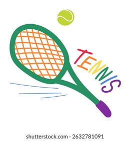 Tennis sports racquet equipment. Flat doodle vector tools and lettering. Editable isolated details. Baby childish groovy style Illustration, unique