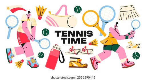 Tennis stickers and characters hitting the ball in sportswear. Sports equipment: racket, water, bottle, shuttlecock, sneakers, bag. People doing sports with a racket in their hand, cartoon stickers