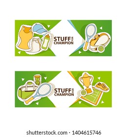 Tennis stuff set of banners vector illustration. Stuff for champion. Sport, fitness, tennis, healthy lifestyle, sport stuff. Tennis racket, trainers, tennis ball, lime athletic skirt, sports bottle