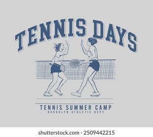 Arte gráfico del campamento de verano de tenis, dos niñas jugando Ilustración vectorial de tenis, diseño de impresión de camiseta de mujeres atléticas 