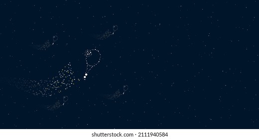 A tennis symbol filled with dots flies through the stars leaving a trail behind. Four small symbols around. Empty space for text on the right. Vector illustration on dark blue background with stars