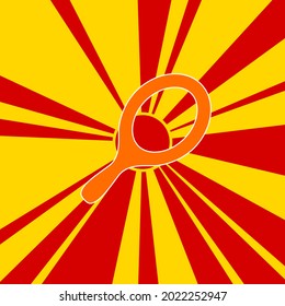 Tennis symbol on a background of red flash explosion radial lines. The large orange symbol is located in the center of the sun, symbolizing the sunrise. Vector illustration on yellow background