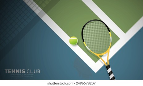 Vector de tenis con raqueta de tenis y pelota de tenis sobre fondo de pista de tenis, Ilustraciones para su uso en eventos deportivos en línea, ilustración EPS 10