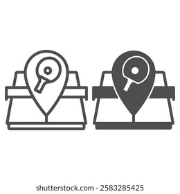 Tennis table with location pin line and solid icon, tennis game concept. Vector graphics. Tennis racket and map pin sign on white background, outline style icon for mobile or web design