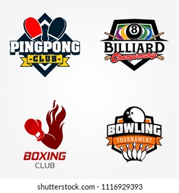 Tennis table or pingpong, billiard, boxing, bowling badges logo designs templates. Fitness sport vector illustration