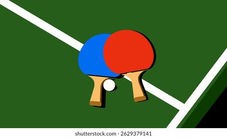 Tennis table with rackets, flat color illustration