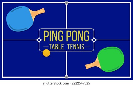A tennis table, two ping pong rackets and a ball.