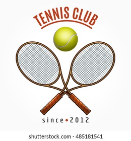 Tennis team club label with crossed racquets and tennis ball isolated on white background vector