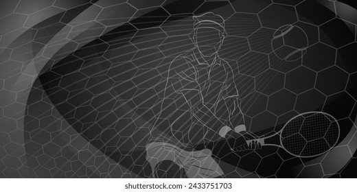 Tennis themed background in black tones with abstract meshes, curves and lines, with a male tennis player in action, holding a racket to hit the ball away